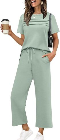 WIHOLL Two Piece Sets for Women Summer Spring Travel Vacation Outfits Short Sleeve Lounge Sets Side Slit Wide Leg Pants S-3XL in Kuwait