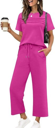 WIHOLL Two Piece Sets for Women Summer Spring Travel Vacation Outfits Short Sleeve Lounge Sets Side Slit Wide Leg Pants S-3XL in Kuwait