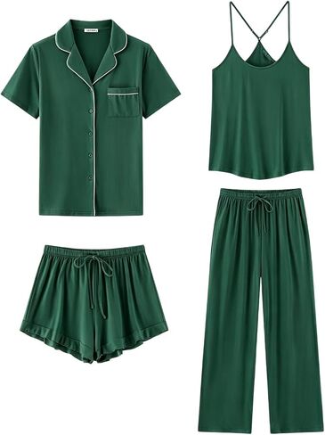 SAPJON Womens Soft Pajama Sets 4 Pcs Button Down Short Sleeve Top and Pants Cami and Ruffle Shorts Pjs Lounge Sets Sleepwear in Saudi Arabia