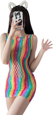Women's Mesh Lingerie Fishnet Babydoll, Mini Dress See Through Shirts Rainbow Striped Fishnet Bodysuit in Kuwait