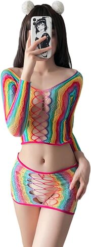 Women's Mesh Lingerie Fishnet Babydoll, Mini Dress See Through Shirts Rainbow Striped Fishnet Bodysuit in Kuwait