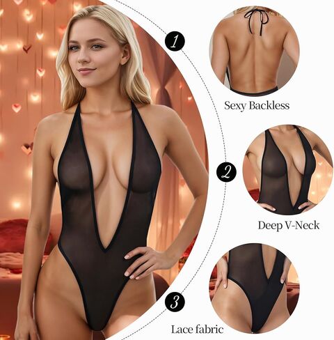 Sexy Lingerie for Women Deep V Neck Sleepwear Sheer One Piece Lingerie Mesh Babydoll Dress Black Onesize 2-8 in Kuwait