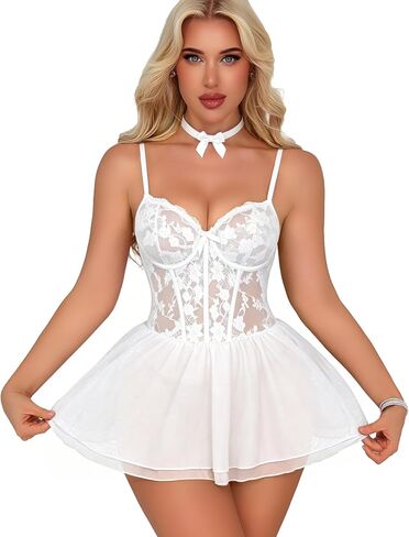 Sexy Lingerie for Women Lace Babydoll Dress Push Up Underwire Lingerie Chemise Sheer Nightgown with Thong & Choker in Kuwait