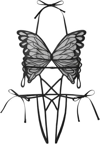 Sexy Lingerie For Women Butterfly Cutout Mini Babydoll Lingerie Teddy Bodysuit, Black, Onesize 2-8 in Kuwait