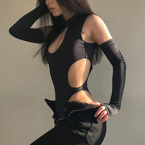 ROSVAJFY Women's Sexy Cutout Bodysuit Slim Fit Leotard Y2K Outfits Black Club Rave Outfit Streetwear Top with Arm Sleeves in Saudi Arabia