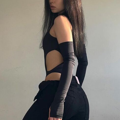 ROSVAJFY Women's Sexy Cutout Bodysuit Slim Fit Leotard Y2K Outfits Black Club Rave Outfit Streetwear Top with Arm Sleeves in Saudi Arabia