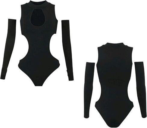 ROSVAJFY Women's Sexy Cutout Bodysuit Slim Fit Leotard Y2K Outfits Black Club Rave Outfit Streetwear Top with Arm Sleeves in Saudi Arabia