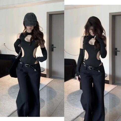 ROSVAJFY Women's Sexy Cutout Bodysuit Slim Fit Leotard Y2K Outfits Black Club Rave Outfit Streetwear Top with Arm Sleeves in Saudi Arabia