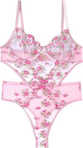 Embroidered Teddy Lingerie for Women Sexy See Through Floral Lace One Piece Teddy Lingerie Bodysuit in Kuwait