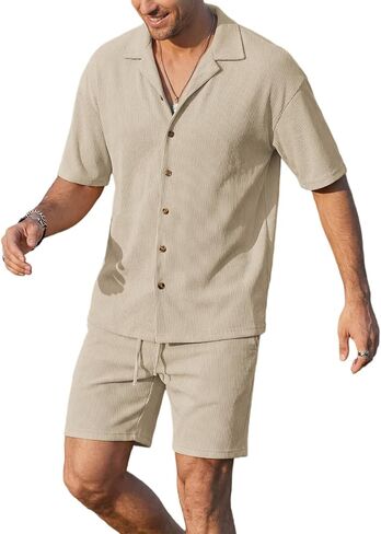 Opomelo Mens 2 Piece Vacation Outfits - Button Down Shirt and Shorts Casual Beach Outfit Textured Summer Matching Sets in Saudi Arabia