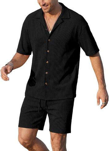 Opomelo Mens 2 Piece Vacation Outfits - Button Down Shirt and Shorts Casual Beach Outfit Textured Summer Matching Sets in Saudi Arabia
