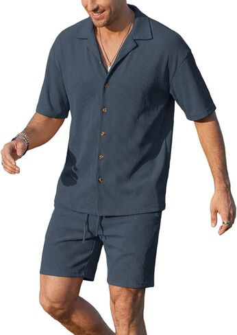Opomelo Mens 2 Piece Vacation Outfits - Button Down Shirt and Shorts Casual Beach Outfit Textured Summer Matching Sets in Saudi Arabia