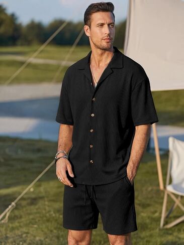 Opomelo Mens 2 Piece Vacation Outfits - Button Down Shirt and Shorts Casual Beach Outfit Textured Summer Matching Sets in Saudi Arabia