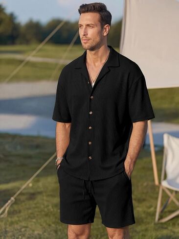 Opomelo Mens 2 Piece Vacation Outfits - Button Down Shirt and Shorts Casual Beach Outfit Textured Summer Matching Sets in Saudi Arabia