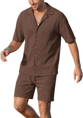 Opomelo Mens 2 Piece Vacation Outfits - Button Down Shirt and Shorts Casual Beach Outfit Textured Summer Matching Sets in Saudi Arabia