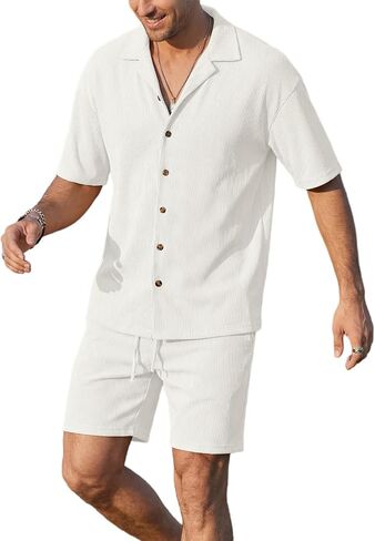 Opomelo Mens 2 Piece Vacation Outfits - Button Down Shirt and Shorts Casual Beach Outfit Textured Summer Matching Sets in Saudi Arabia