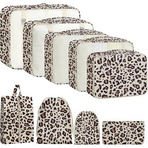 9 Set Packing Cubes for Travel Essentials - Lightweight Carry-On Luggage Organizer Bags with Shoe, Clothes & Laundry Bags for Airplane, Family & Business Travel, Pink leopard print in Saudi Arabia
