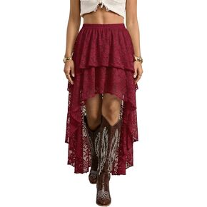 OYOANGLE Women's Summer Y2K Lace Skirt Boho Ruffle Mesh Asymmetrical Long Maxi Skirt CowlGirl Going Out Outfits in Kuwait