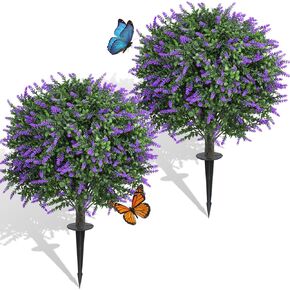 Dense Foliage Artificial Lavender Topiary Ball Trees 24 Inch, 2 Pack UV Resistant Fake Plants Outdoor, Faux Bushes with Ground Spike for Garden, Patio, Porch, Yard Decor in Saudi Arabia