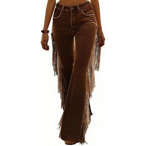Women's Tassel Suade Pants High Waist Flare Pant Vintage Western Baggy Wide Leg Side Tassel Pants, Stretch Slim Fringe Pant in Saudi Arabia