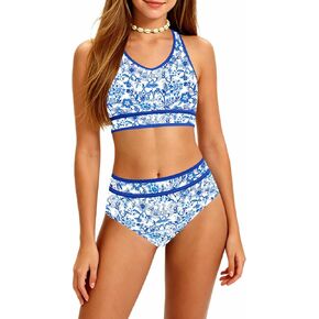 Girls Swimsuit Color Block V-Neck Bikini Set Girls Two Piece Bathing Suit with Chest Pad Racerback Swimsuit 7-16T in Saudi Arabia