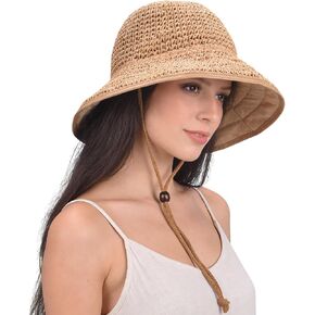 EINSKEY Women's Straw Sun Hat, UPF 50 Wide Brim Beach Hat, Foldable Packable Travel Bucket Hat with Adjustable Chin Strap, Khaki Casual Bohemian Style in Saudi Arabia