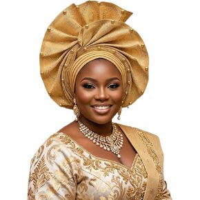 African Gele Head Wrap for Women, Nigerian Headpiece, Pre-Tied with Velcro, Beaded Turban Hat in Saudi Arabia