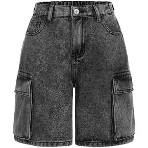 Nivne Tco Tween Girls' Cargo Denim Shorts Casual High Waist Button & Zipper Fly Vintage Washed Black Wide Leg Jean Shorts in Saudi Arabia