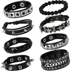 8 PCS Punk Rock Studded Leather Bracelets, Adjustable 80s Rock Concert Outfits for Men Women, Goth Accessories for Daily Rock Style in Saudi Arabia
