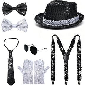 MORTICIA 7 Pcs Men's Halloween 70s 80s Disco Performance Costume Sparkly Sequin Dance Star Set with Gloves, Fedora, Sunglasses, Tie, and Sequin Strap, Perfect for Cosplay and Theme Parties in Saudi Arabia