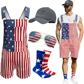 Odefou 4th of July Overalls Men,USA Hat,Patriotic Socks,American Flag Sunglasses,4 Pcs for Labor Independence Day in Saudi Arabia