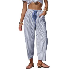 EXLURA Womens Summer Faux Linen Striped Barrel Pants Comfy Drawstring Capri Pant with Pockets Beach Vacation Lounge Trousers in Kuwait