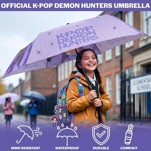 Get Trend KPop Demon Hunters Windproof Travel Umbrella, Huntrix Strong Folding Compact Umbrellas for Rain, Light Portable Kids Travel Essentials, Fits Backpack & Car, Gifts for Girls in Kuwait
