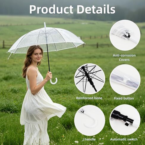 30 Pack Clear Umbrella Wedding, Auto Open Transparent Stick Umbrella with White J Hook Handle, Windproof Waterproof Large Canopy Umbrella for Bride Groom Photography Golf Outdoor Events in Kuwait