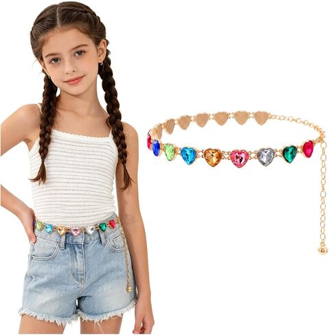 Girls Belt Gold Chain, Kids Adjustable Colorful Rhinestone Metal Waist Chain Belts for Girl Dresses Jeans Gifts in Kuwait