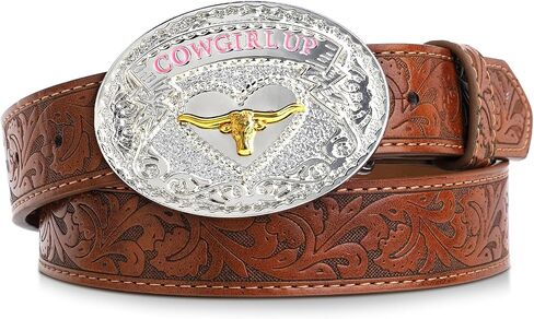 Kajeer Girls Western Belt,Kid Cowgirl Belt Vintage Engraved Embossed Country Longhorn Bull for Pants Jean in Kuwait