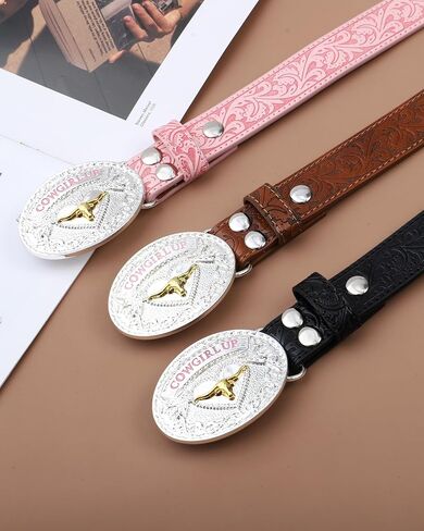Kajeer Girls Western Belt,Kid Cowgirl Belt Vintage Engraved Embossed Country Longhorn Bull for Pants Jean in Kuwait