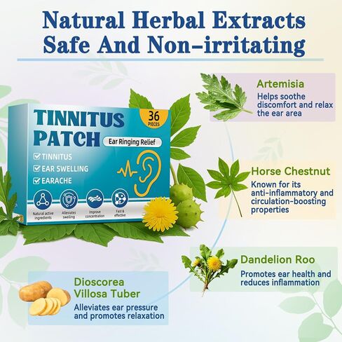 Tinnitus Relief for Ringing Ears (36Pcs) - Natural Herbal Tinnitus Relief Patches, Portable Tinnitus Patch, Gentle and Effective Ear Tinnitus Relief, Improve Focus and Ear Discomfort in Kuwait