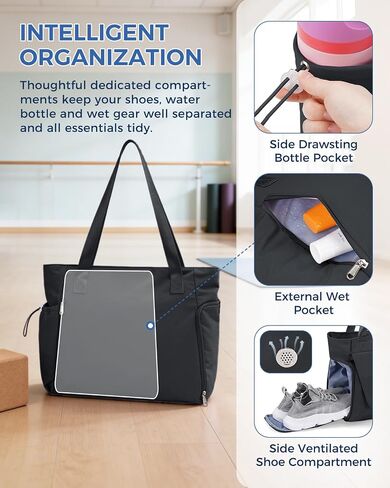 sportsnew Gym Bag for Women, 19L Yoga Mat Bag with Shoe Compartment & Wet Dry Pocket, Gym Tote Bag with Hook-and-loop Yoga Mat Holder, Quick Access Storage, for Workout Travel Pilates Dance in Saudi Arabia