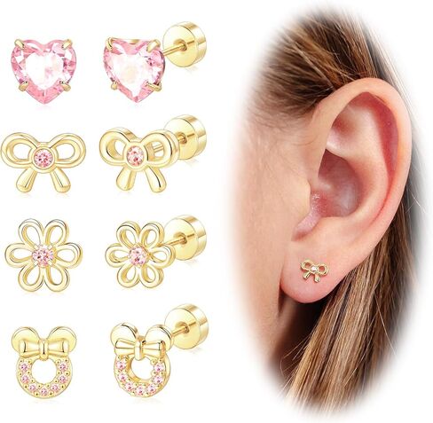 Hypoallergenic Earrings for Girls Toddler Teens Kids Baby 14k Gold Silver Plated Screw Flat Back Earrings Cute Flower Bow Mouse Heart Surgical Steel Stud Earrings Set for Women Teen Girls Gift in Kuwait