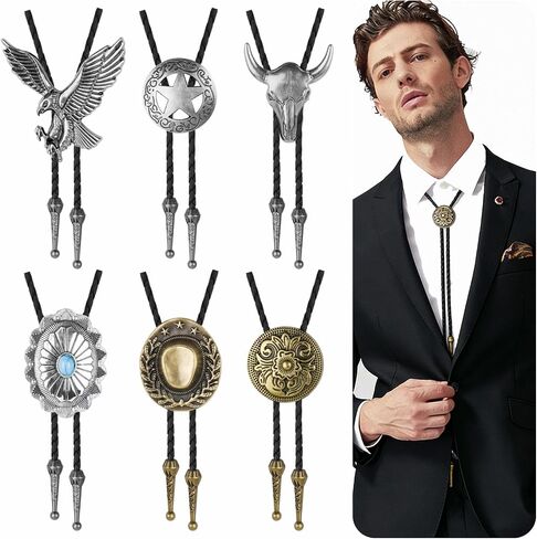 6PCS Bolo Tie,Vintage Bolo Ties for Men Handmade Western Cowboy Leather Necktie with Natural Tiger Eye Stone Costume Accessories for Men in Saudi Arabia