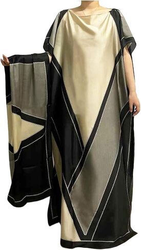 Women's Print Kaftan & Scarf Set, Boat Neck Silky Shawl Dress, Elegant Boho Chic Cape Wrap for Swimsuit Cover Up in Kuwait
