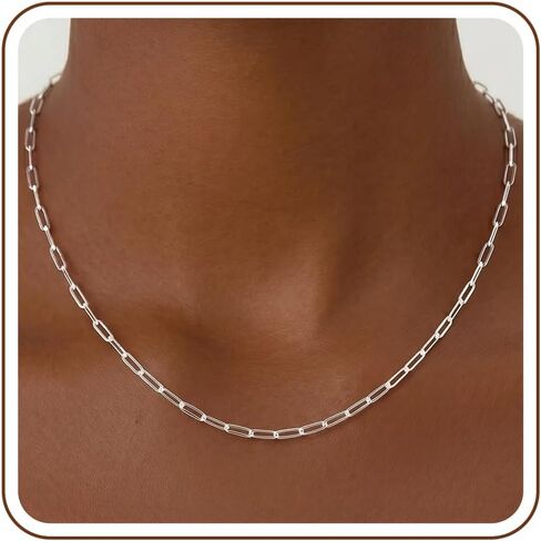 S925 Sterling Silver Paperclip Chain Necklace for Women - 3mm Sterling Silver Paperclip Chain Necklace Thick Sturdy Colourfast Necklaces Jewelry for Women 16/18/20/22/24 Inch in Saudi Arabia