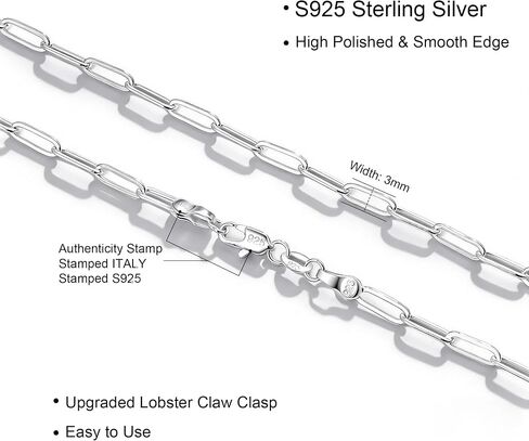S925 Sterling Silver Paperclip Chain Necklace for Women - 3mm Sterling Silver Paperclip Chain Necklace Thick Sturdy Colourfast Necklaces Jewelry for Women 16/18/20/22/24 Inch in Saudi Arabia