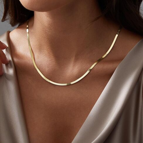 Gold Chain for Women & Men,14K Gold Necklace for Women &Men Flat Snake Chains Womens Herringbone Choker Chains Necklaces 4MM 18in/20in/22in/24inchs in Saudi Arabia