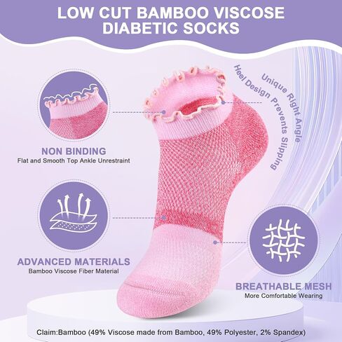 جوارب Bulinlulu منخفضة القطع لمرضى السكري للنساء، 6 أزواج من جوارب الكاحل غير المربوطة لمرضى السكري للنساء مقاس 9-11| كشكش in Kuwait
