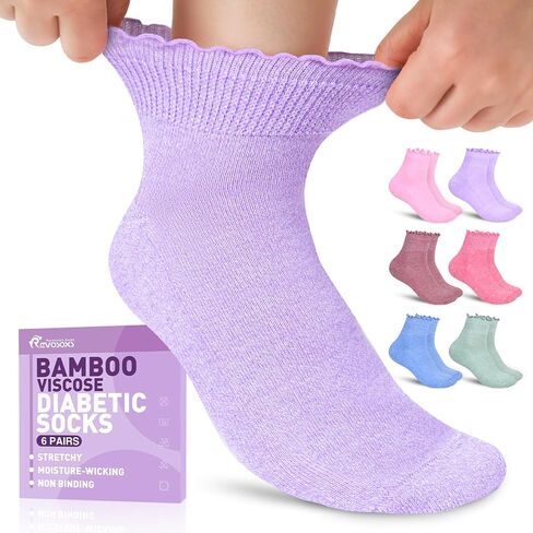 Revosoxs Womens Diabetic Socks - 6 Pairs Non Binding Stretchy Wide Bamboo Seamless Diabetic Ankle Socks for Women Size 9-11(Bright Colors-Medium) in Saudi Arabia