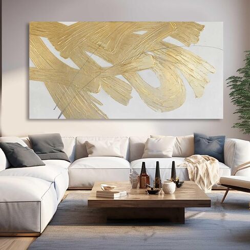 XIANSHOU Wall Decorations for Living Room Gold and White Abstract Canvas Art Oil Painting Large Minimalist Decor Wall Art for Office Bedroom Home 29"x 58" in Saudi Arabia