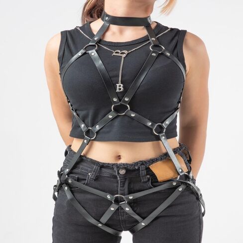 Women's Full Body Harness Lingerie | Adjustable Leather Harness for Women, Sexy BDSM Outfit, Strappy Chest, Waist & Leg Belts for Festival, Club, Cosplay & Halloween Black in Saudi Arabia