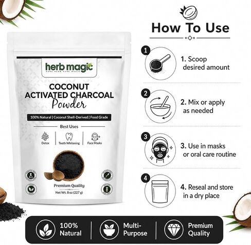 Activated Charcoal Powder – 8 oz (227 g) | Coconut Shell Derived | Finely Milled Powder for DIY Tooth Powder & Beauty Use| Herb Magic in Saudi Arabia
